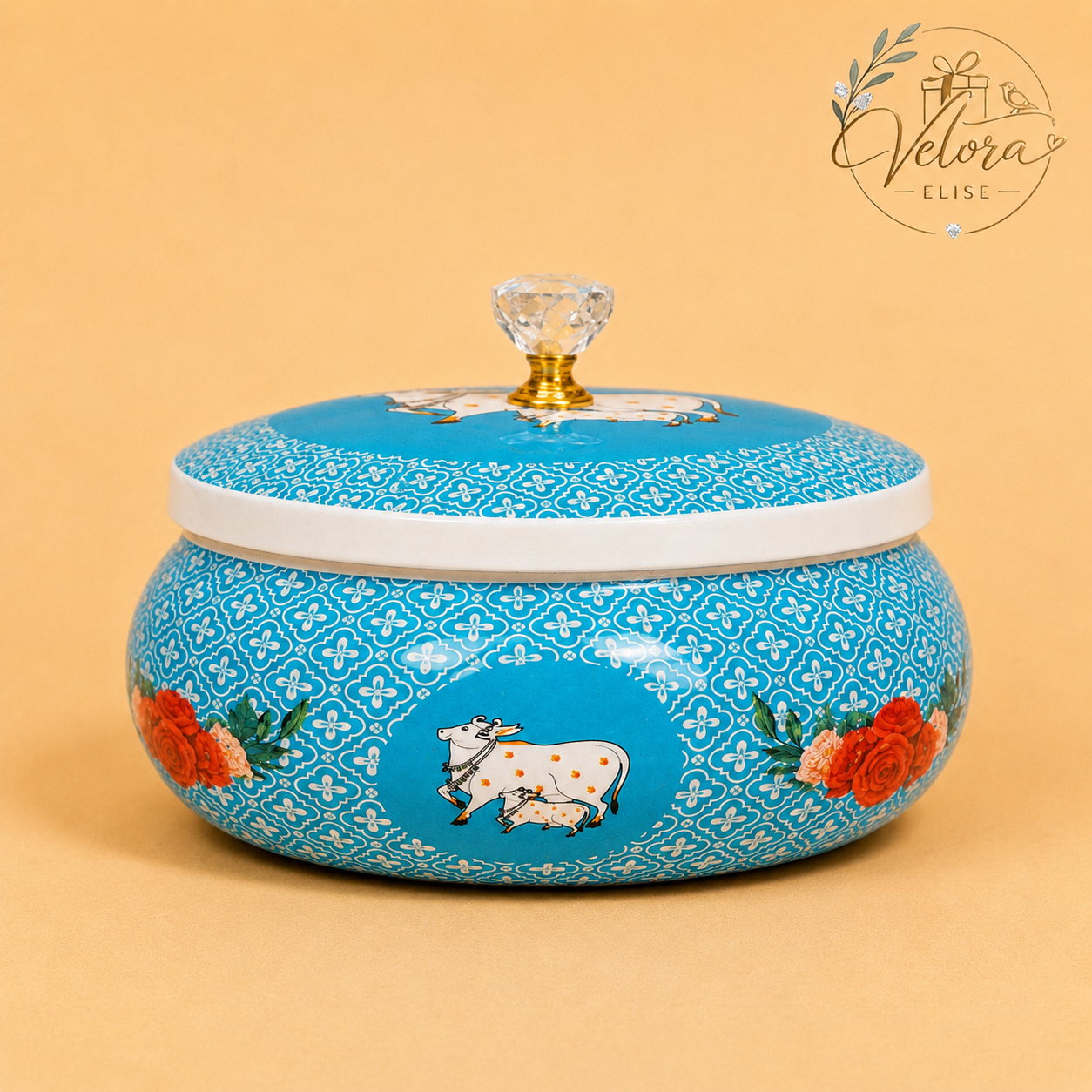 Cow & Calf Printed Sky Blue Round Jar