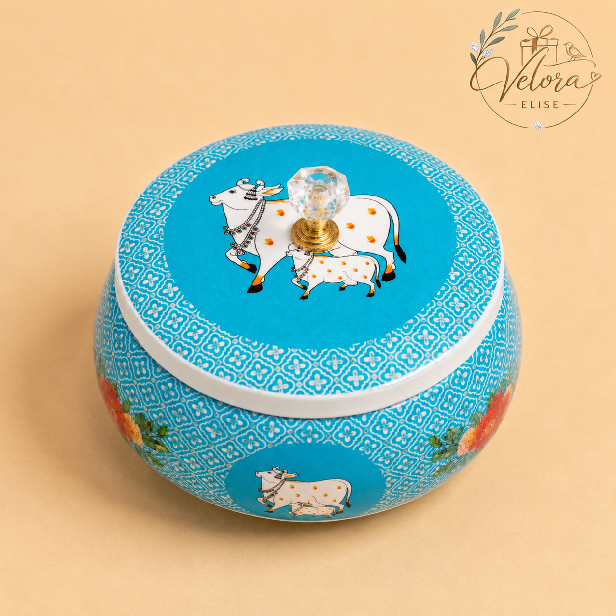 Cow & Calf Printed Sky Blue Round Jar