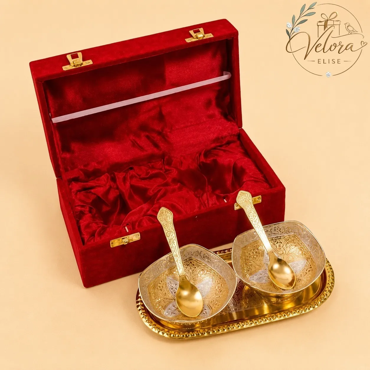 Silver & Gold Plated Brass Bowl Set with Tray