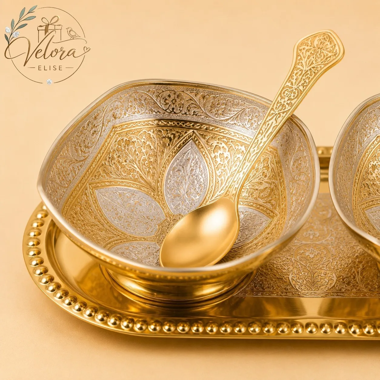 Silver & Gold Plated Brass Bowl Set with Tray