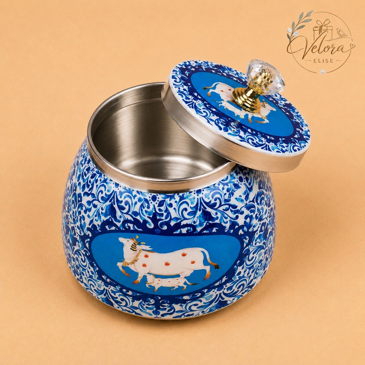 Pichwai Cow Printed Blue Dry Fruits Jar