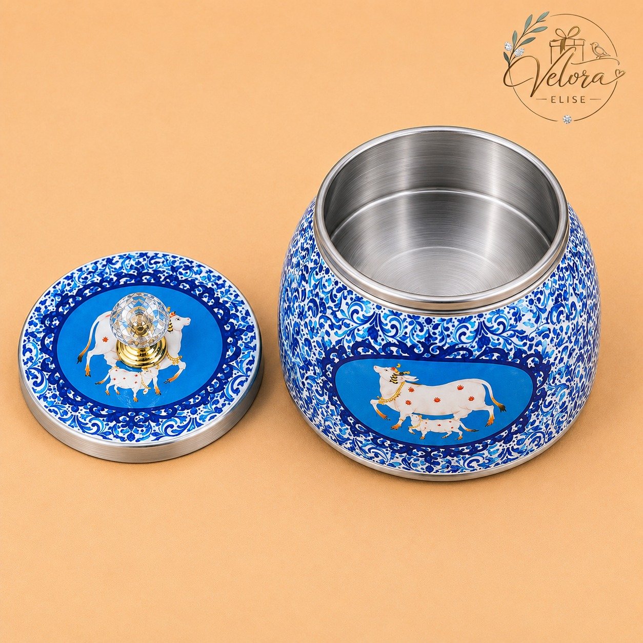 Pichwai Cow Printed Blue Dry Fruits Jar