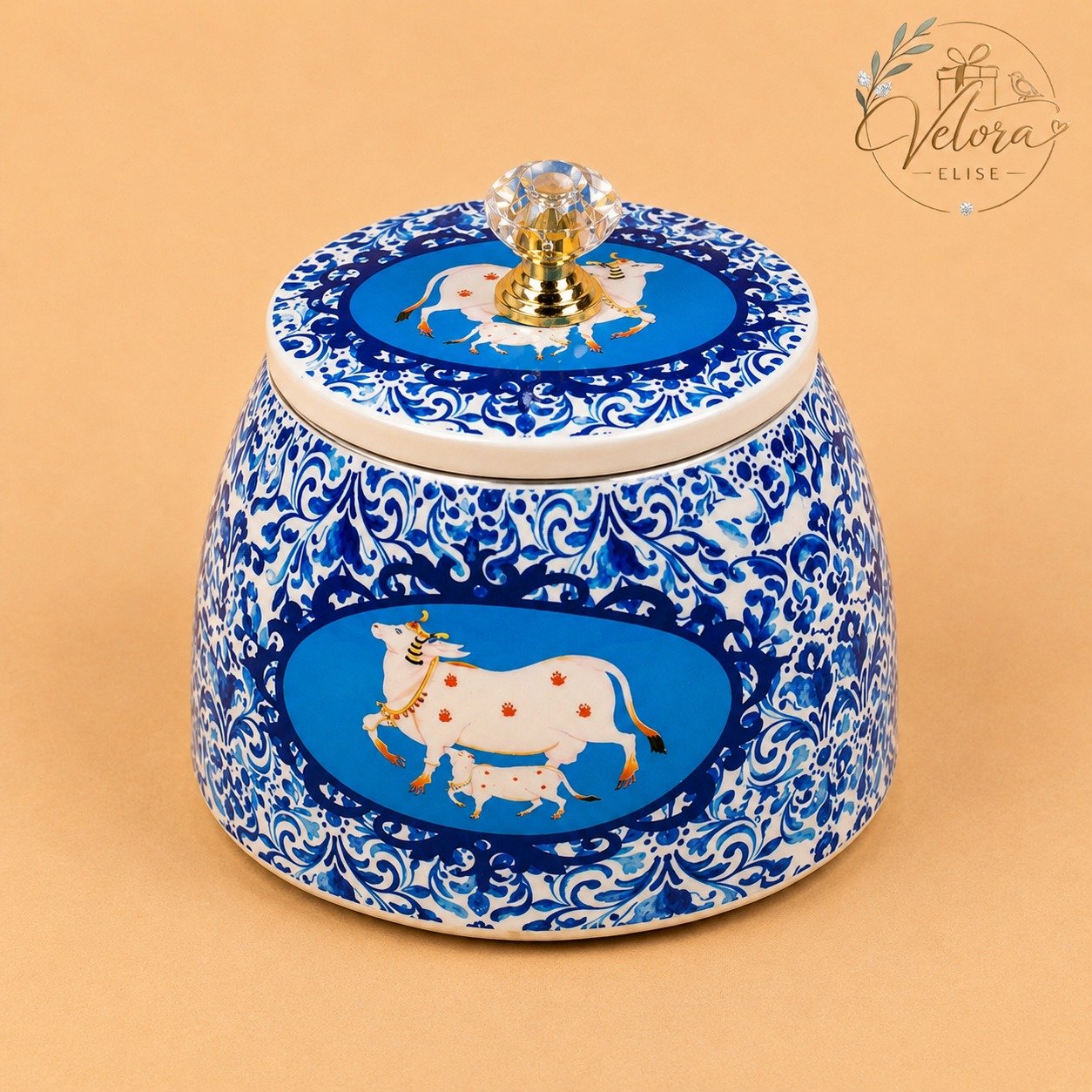 Pichwai Cow Printed Blue Dry Fruits Jar