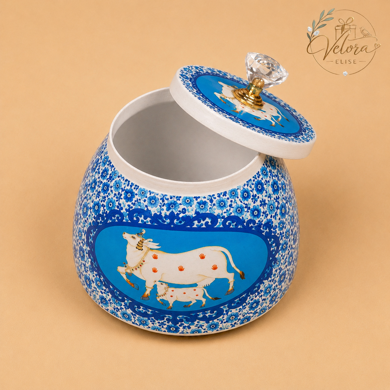 Pichwai Cow Printed Blue Jar