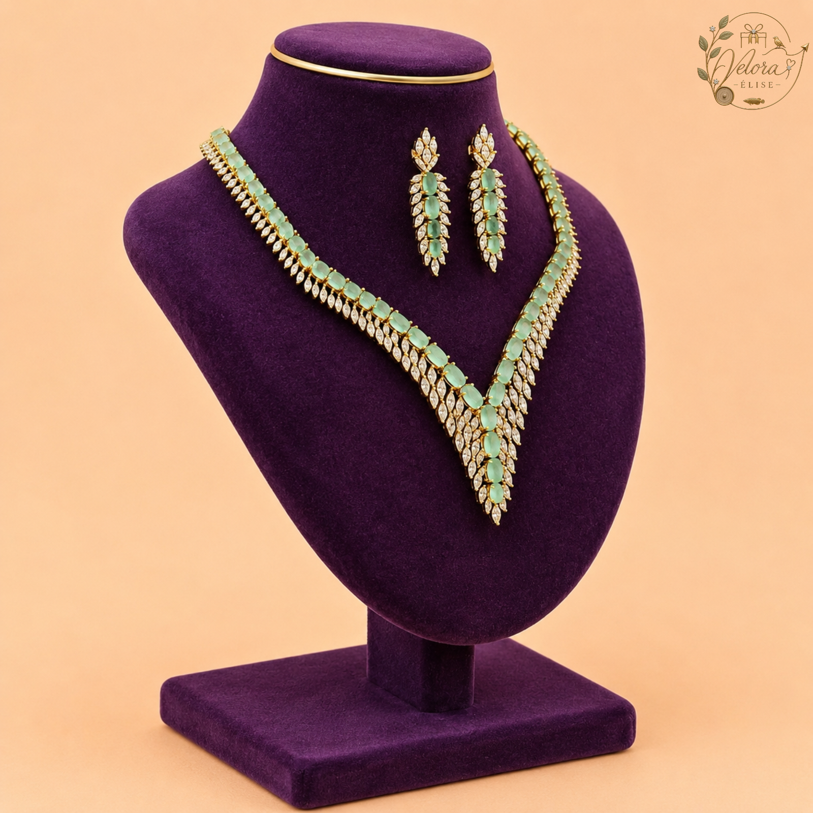 Emerald Mint Leaf Necklace Set