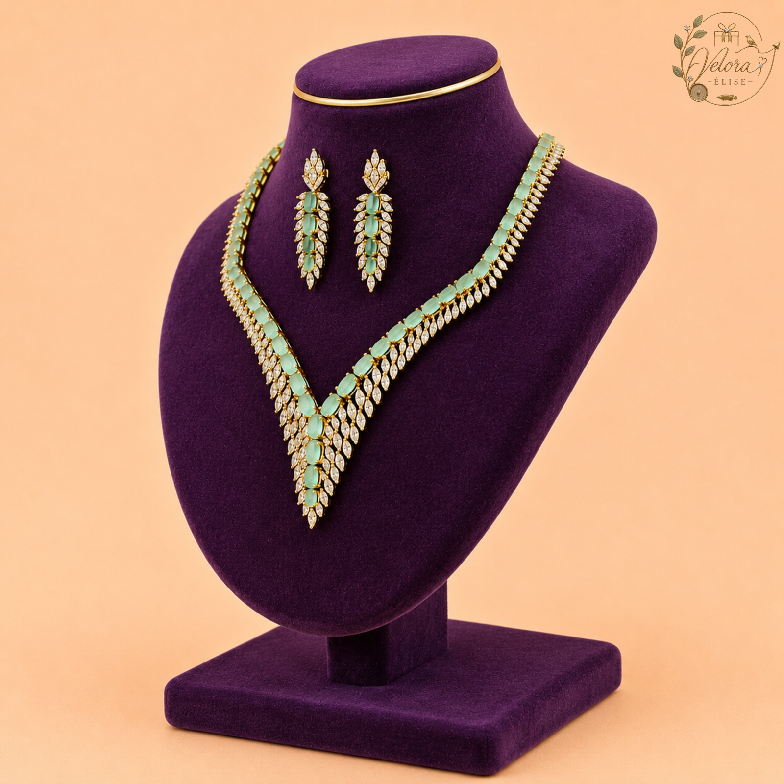 Emerald Mint Leaf Necklace Set