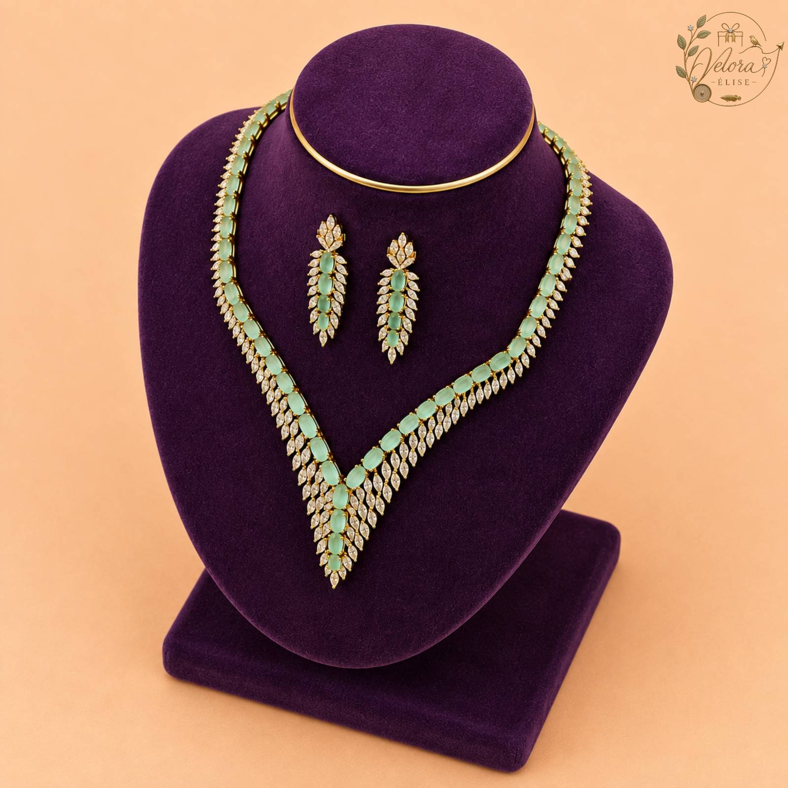 Emerald Mint Leaf Necklace Set