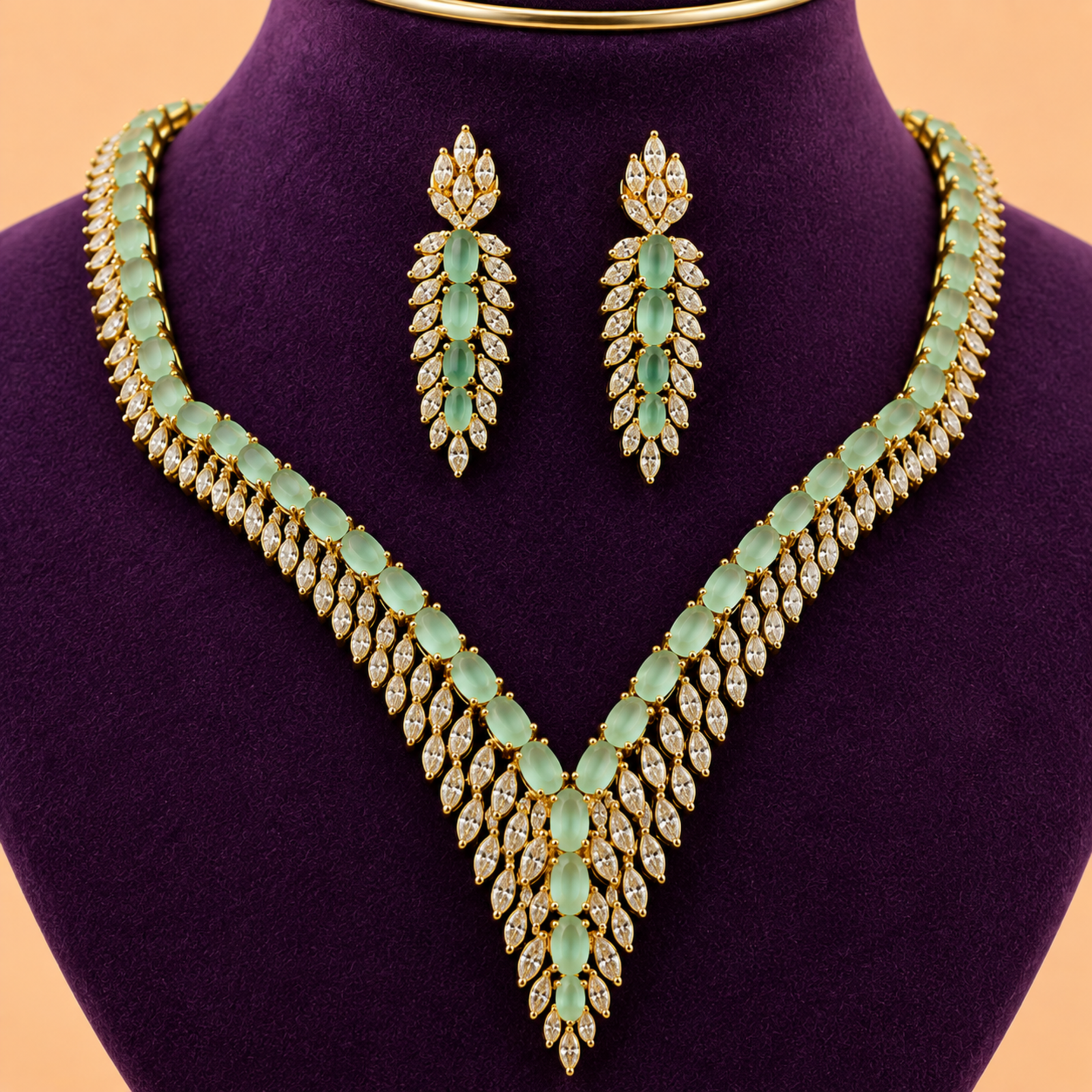 Emerald Mint Leaf Necklace Set