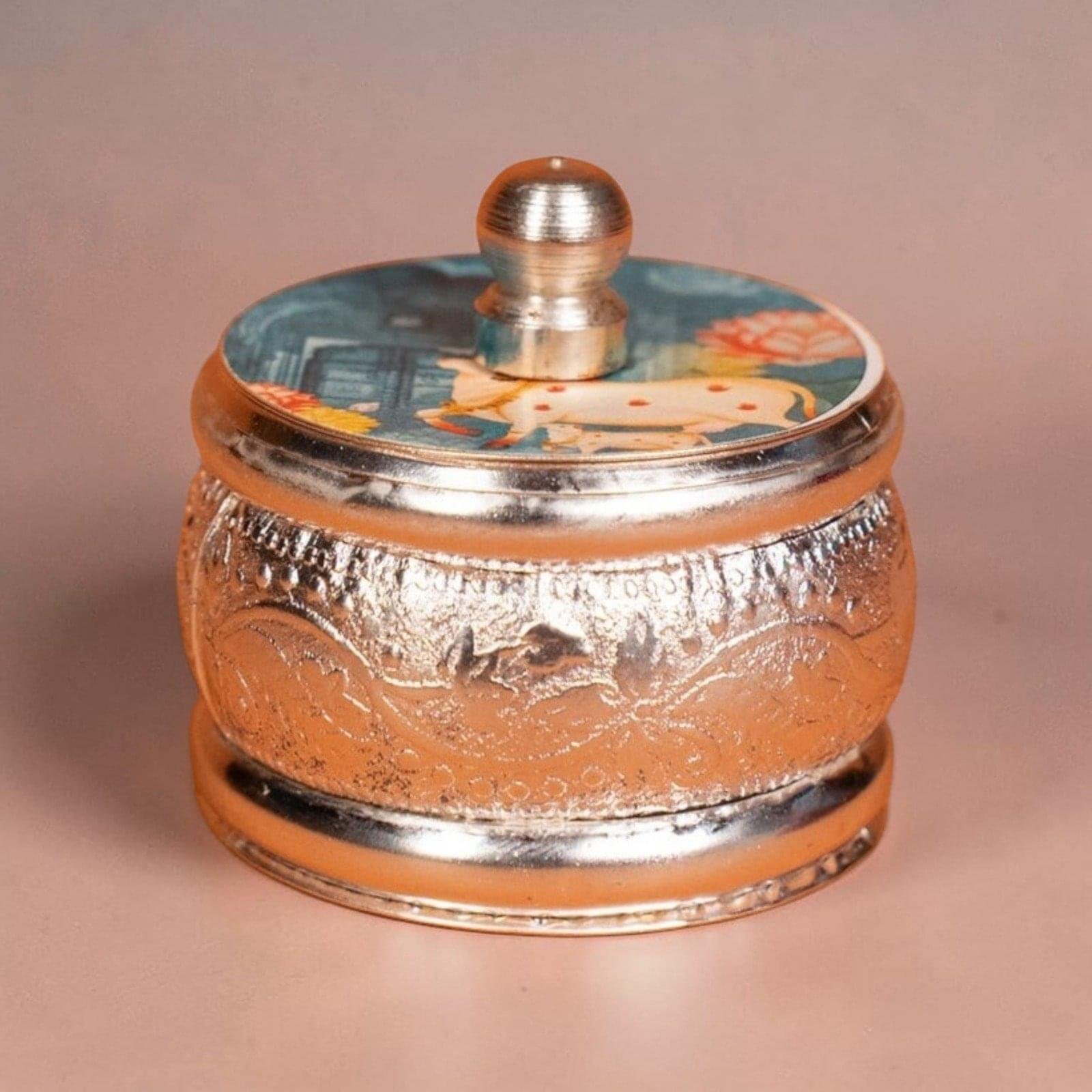 Sacred Kamadhenu Silver Kumkum Container