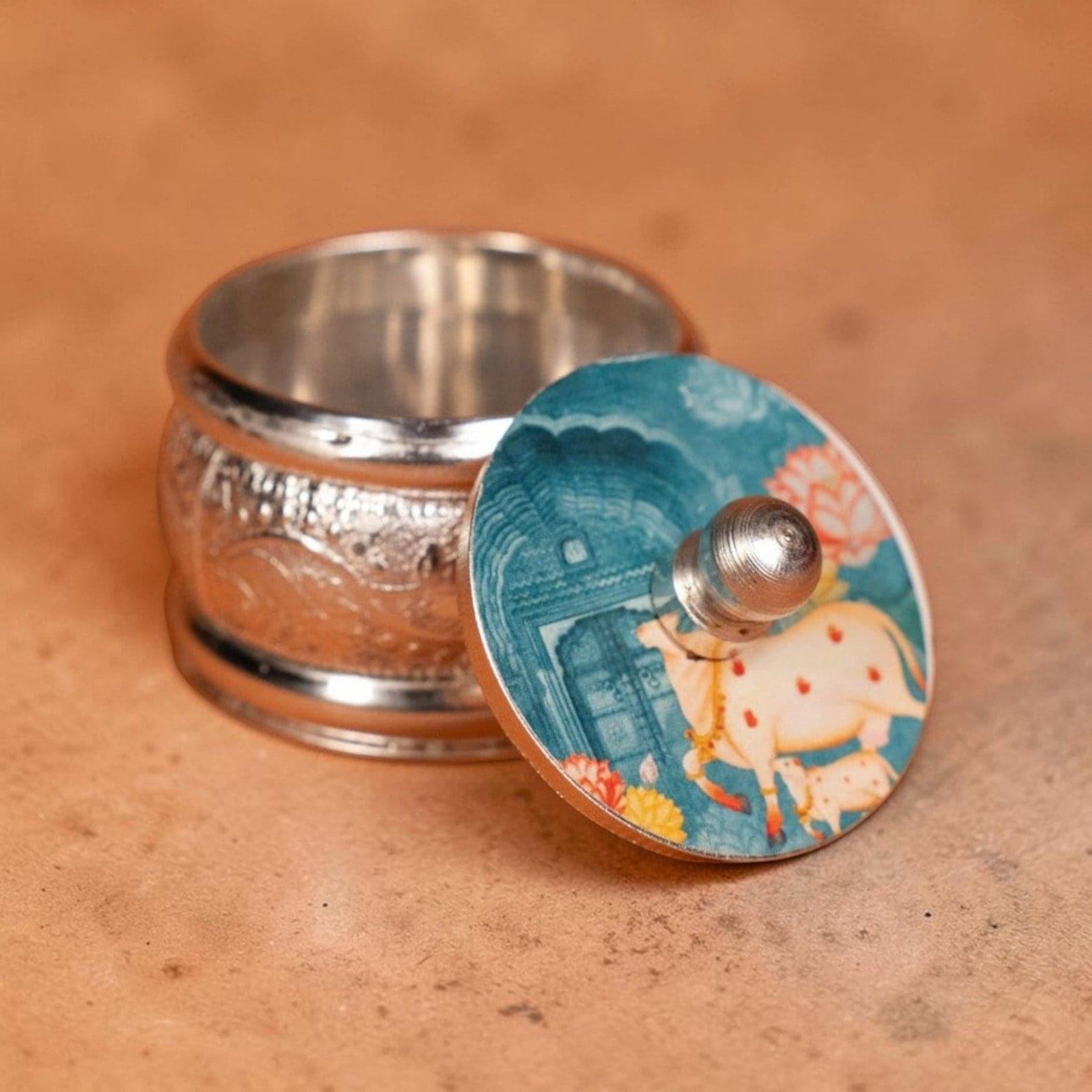 Sacred Kamadhenu Silver Kumkum Container