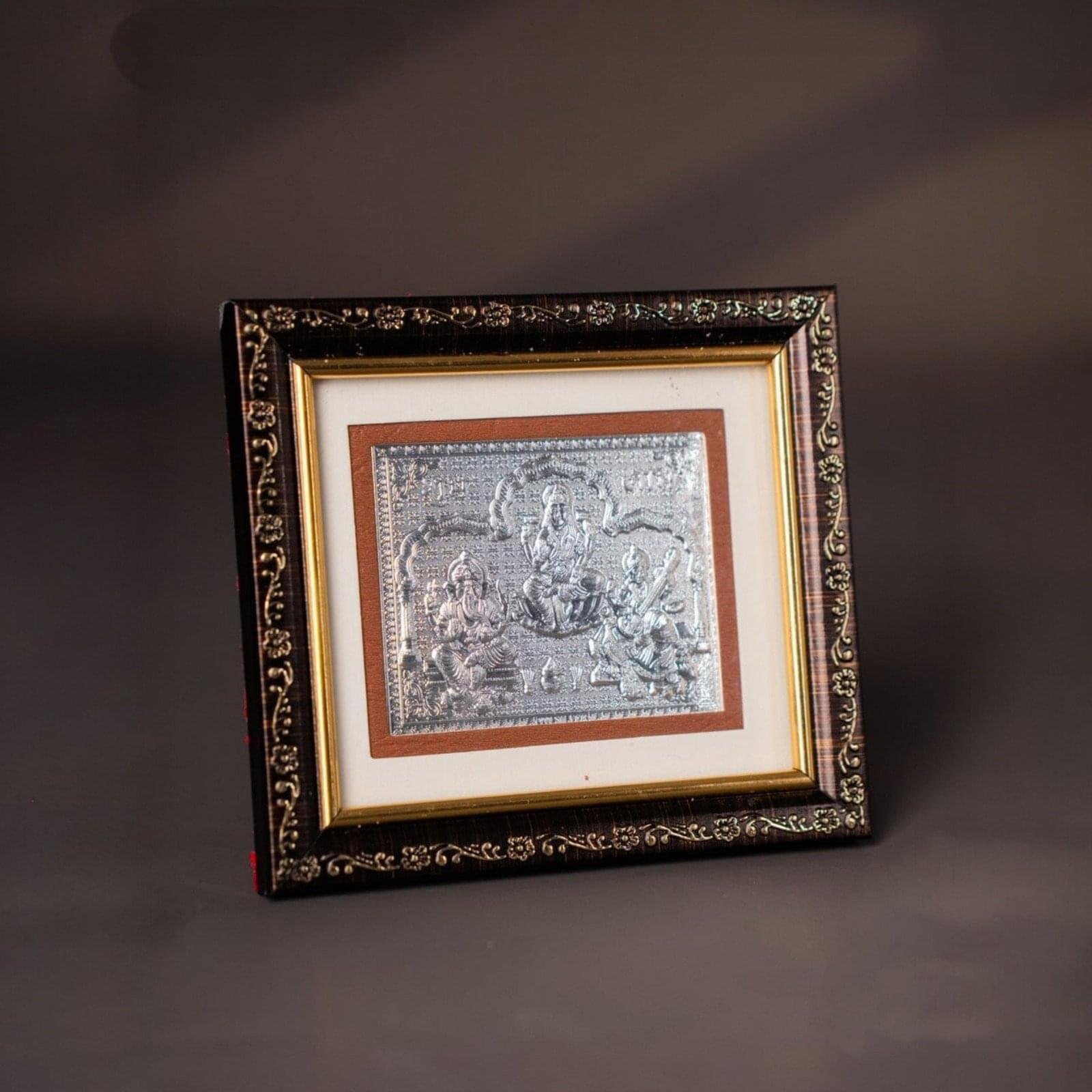 Sacred Lakshmi Ganesh Saraswati Silver Frame
