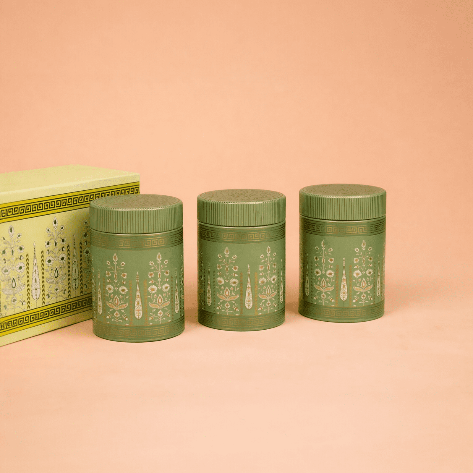 Velora Elise Green Ornate Storage Jar Set (3 Pieces)