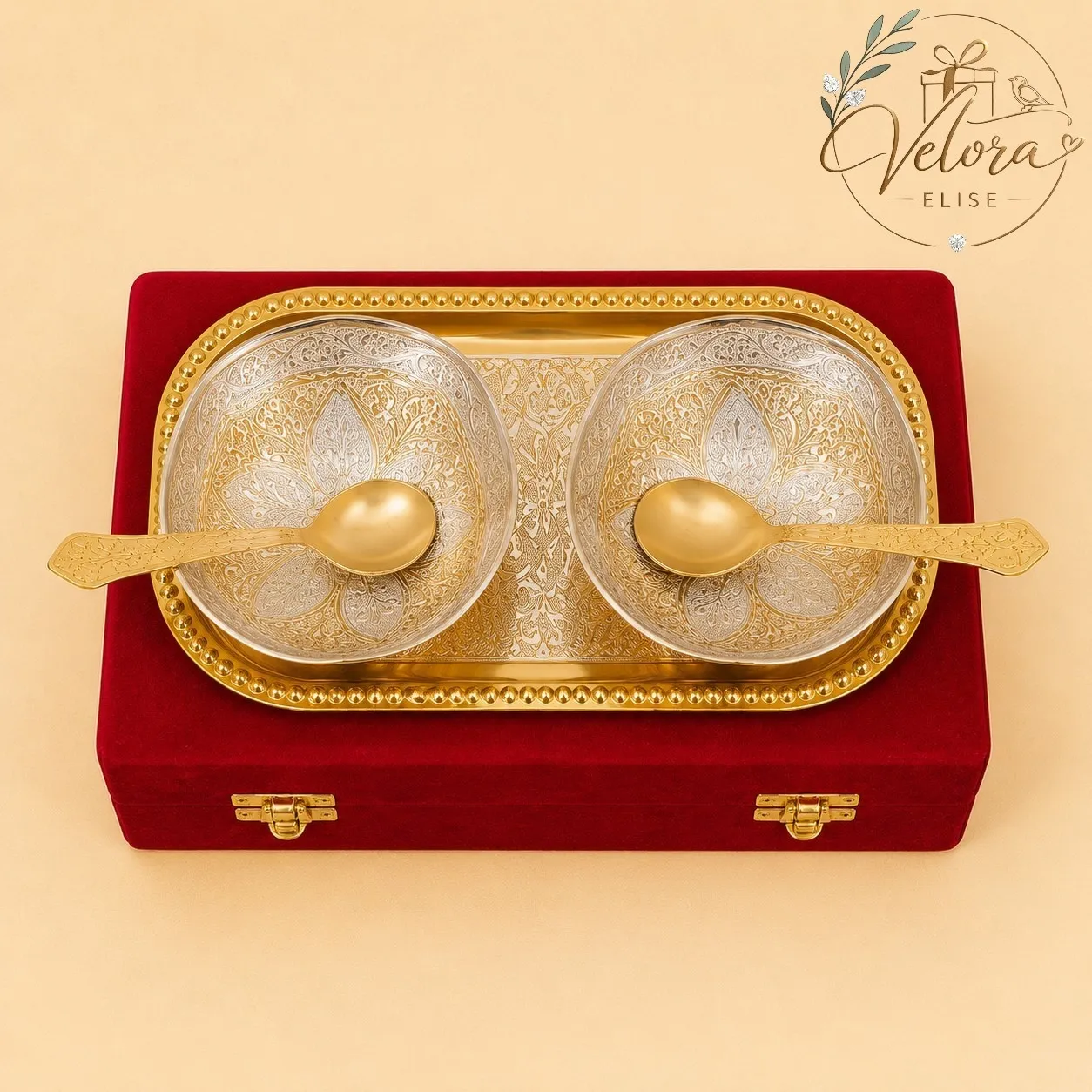 Silver & Gold Plated Brass Bowl Set with Tray