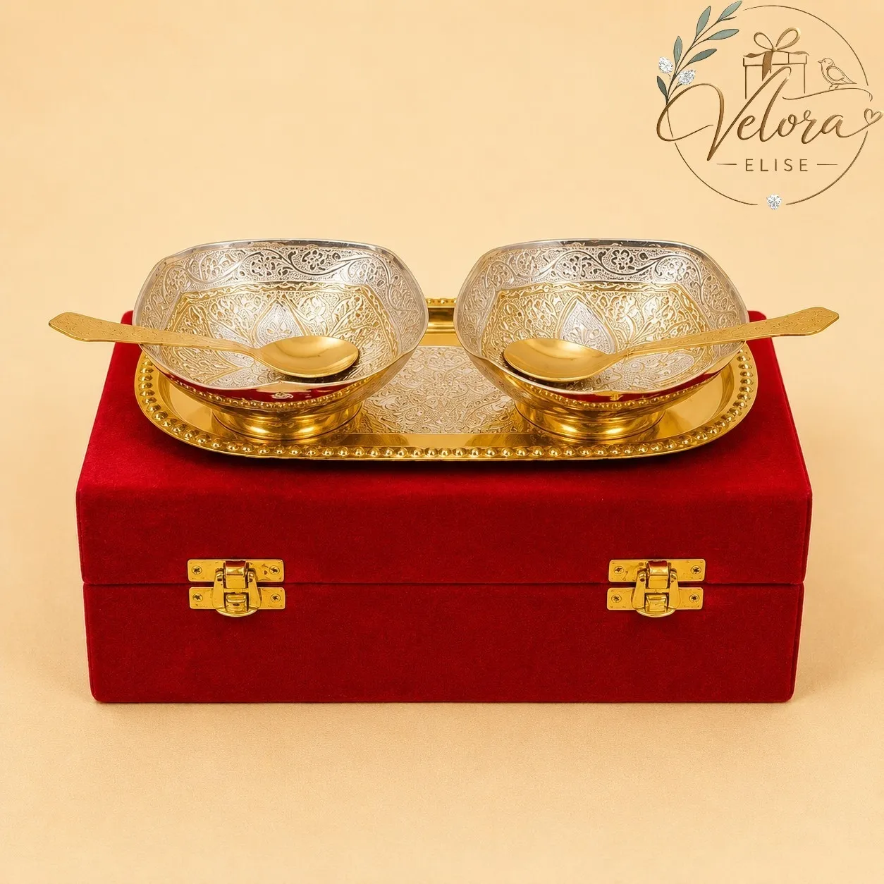 Silver & Gold Plated Brass Bowl Set with Tray